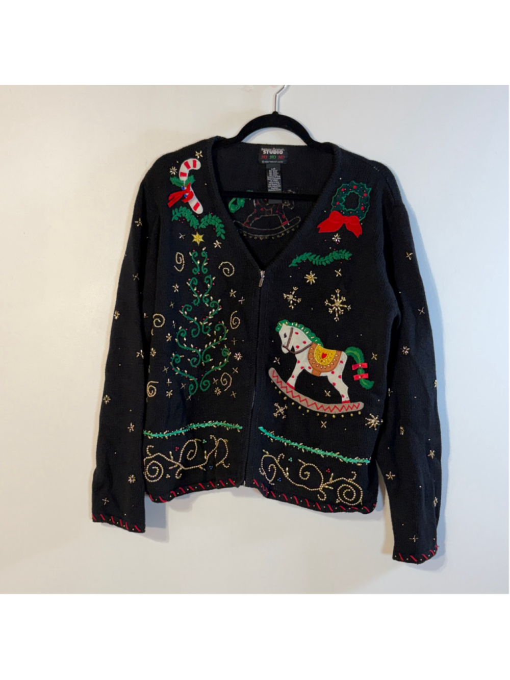 Vintage Christmas Cardigan Sweater Women’s Large Black Rocking Horse Embellished